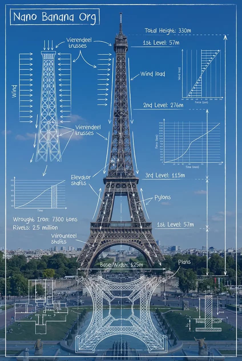 Инфографика об устройстве Эйфелевой башни поверх фотографии Парижа