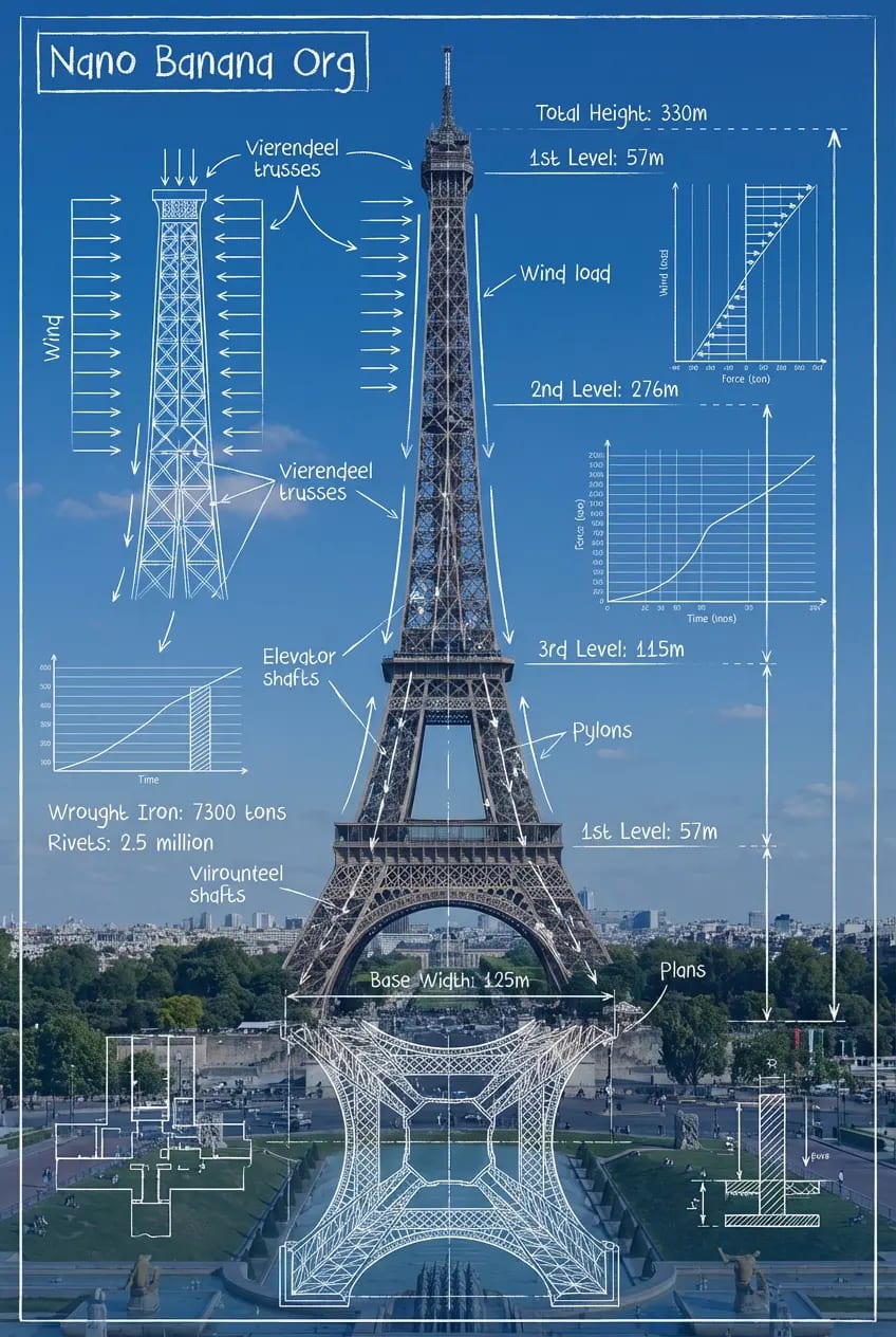 Инфографика об устройстве Эйфелевой башни поверх фотографии Парижа